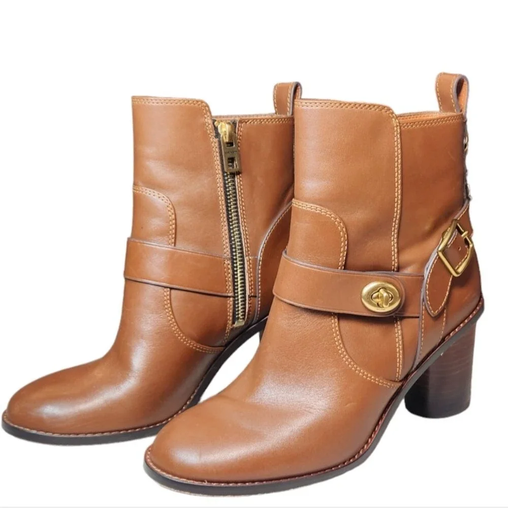 Coach Boots Saddle Leather Heel Gold Buckle‎ Brown Equestrian Boho Indie Lux 5.5